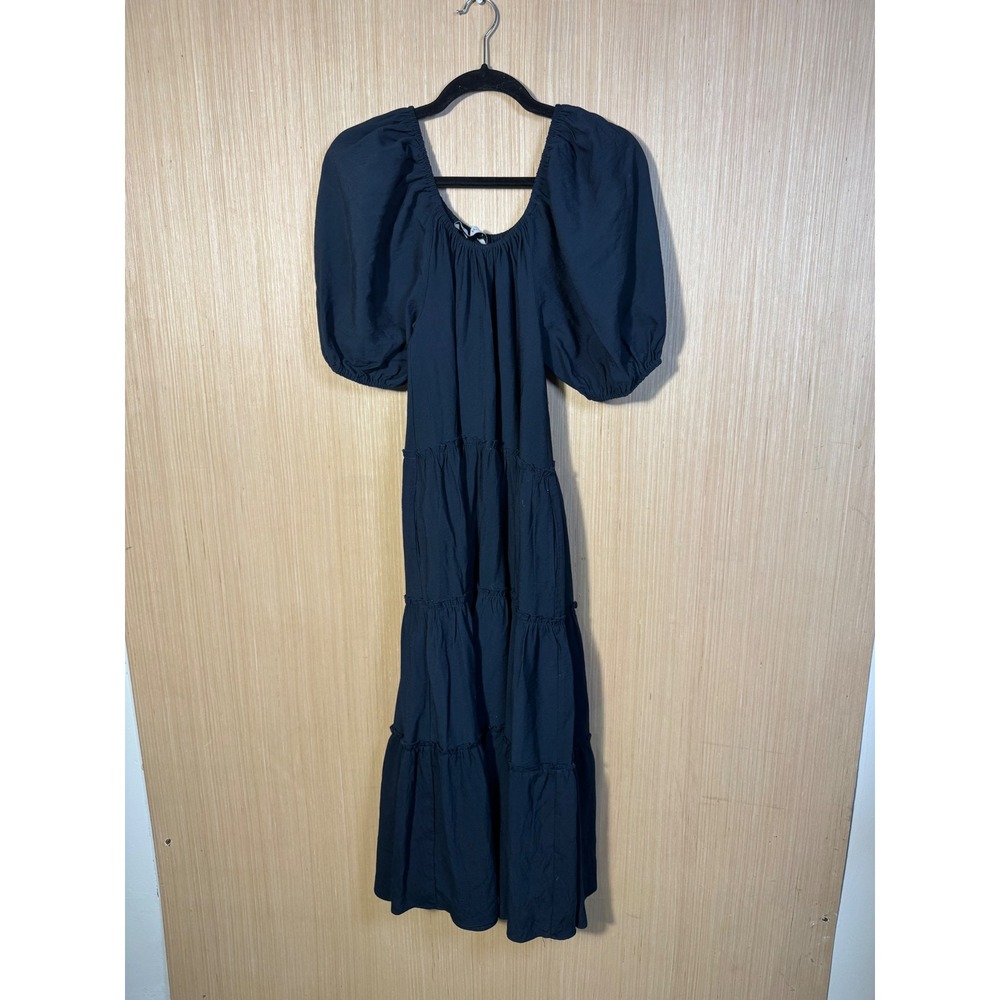 BURU Navy Tiered Puff Sleeve Midi Dress with Pockets Women Size Medium
